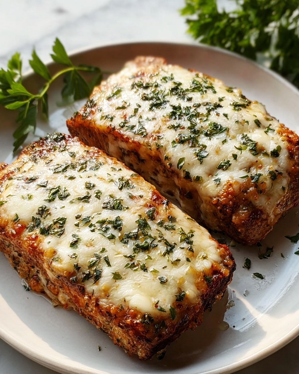 Two thick rectangular pieces of food sit side by side on a white plate placed on a white marbled surface. Each piece has a golden brown crust with melted white cheese draped on top, creating a glossy and slightly textured layer. Small green herb flakes are sprinkled all over, adding a fresh contrast to the warm tones. In the background, a small bunch of green leaves adds a touch of color to the simple presentation. photo taken with an iphone --ar 4:5 --v 7