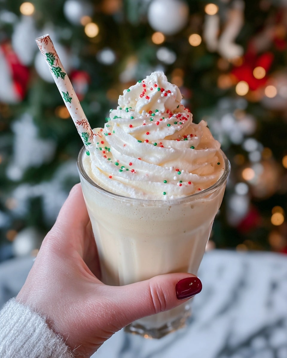 A clear glass holds a creamy, light beige milkshake topped with a large swirl of whipped cream that looks smooth and fluffy. The whipped cream is sprinkled with tiny red and green sprinkles, adding color and a festive touch. A patterned paper straw with leaves and red berries stands inside the glass on the left side. The glass is being held by a woman's hand with dark red nail polish. In the blurred background, there is a decorated Christmas tree with white lights and ornaments. The whole scene is set against a white marbled surface. photo taken with an iphone --ar 4:5 --v 7
