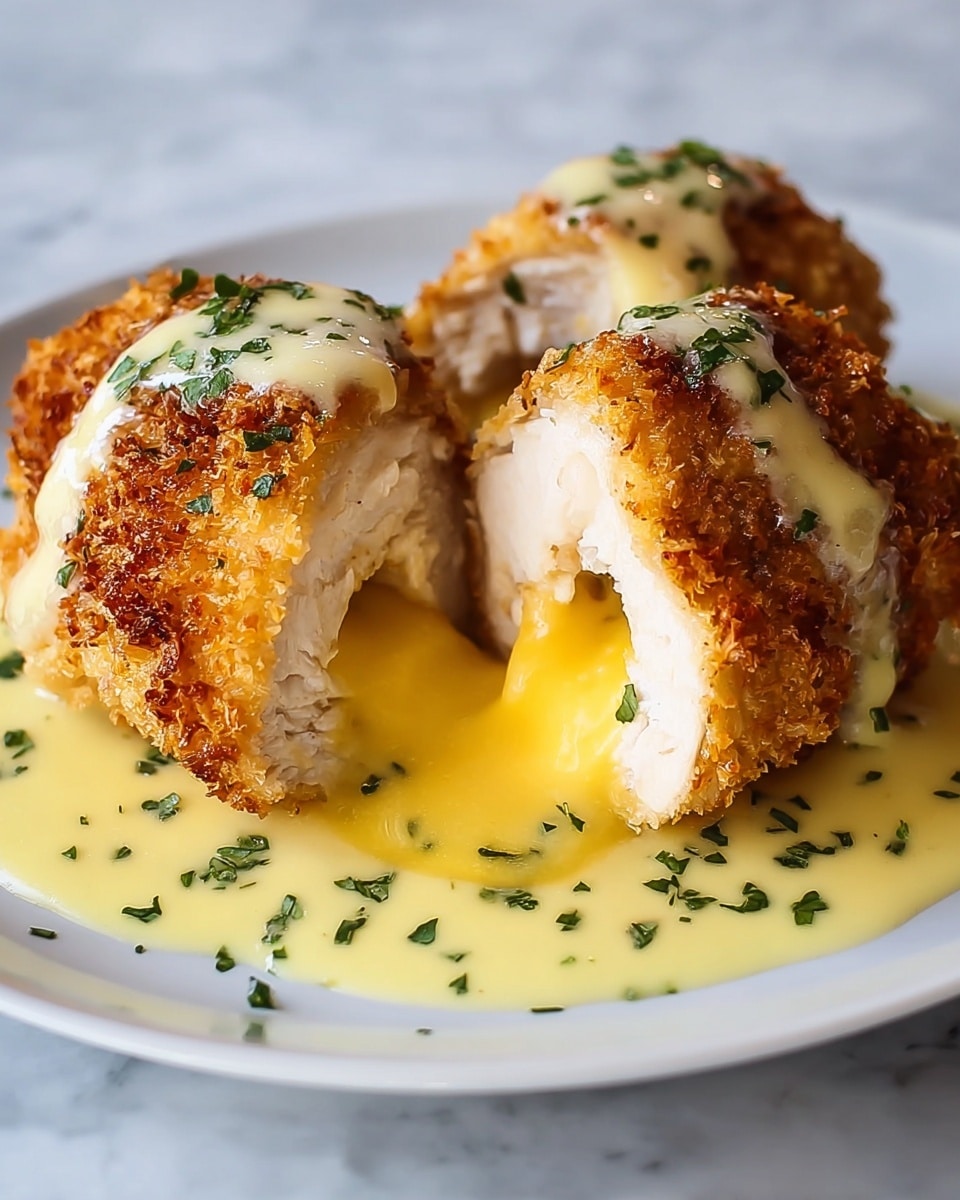 Two pieces of breaded chicken on a white plate, each cut to show a yellow melted cheese filling inside. The outer layer is golden-brown and crispy, with a rough breaded texture. The chicken meat inside is white and moist. Creamy yellow sauce is poured over the chicken and spread on the plate beneath, sprinkled with small green herb pieces. The whole scene is on a white marbled textured surface. photo taken with an iphone --ar 4:5 --v 7