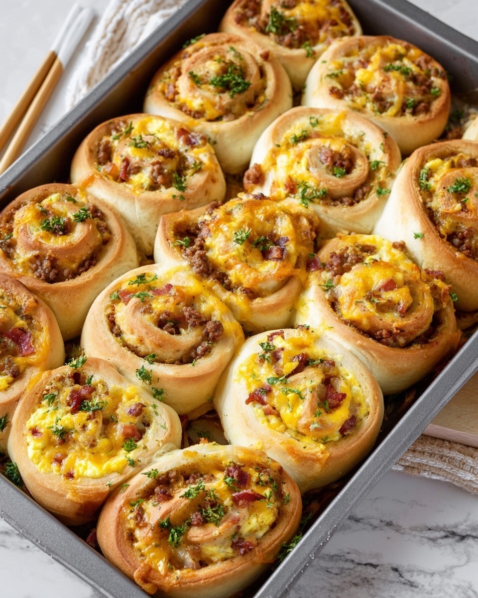 The image shows a baking tray filled with eleven golden-brown spiral rolls arranged close together, each with three visible layers: a light, fluffy dough outer layer in pale beige, a middle layer filled with melted yellow-orange cheese and scrambled light yellow eggs, and a meat filling with small brown chunks mixed with bits of red and green seasoning. The rolls are topped with small green parsley pieces, adding a fresh contrast. The tray is on a white marbled surface, and a pair of white chopsticks with wooden handles rests beside it. photo taken with an iphone --ar 4:5 --v 7
