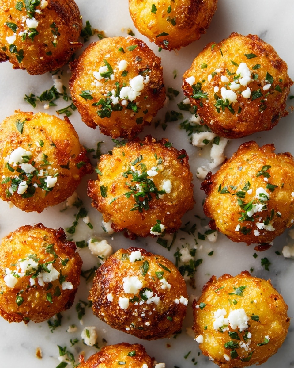 The image shows many small, round, golden-brown fried pieces of food closely placed on a white marbled surface. Each piece has a crispy outer layer with a textured edge and a soft center. They are sprinkled with small amounts of finely chopped green herbs and white crumbly cheese on top. The overall look is crunchy and fresh with a mix of light yellow, golden, and green colors, creating a warm and appetizing scene. photo taken with an iphone --ar 4:5 --v 7