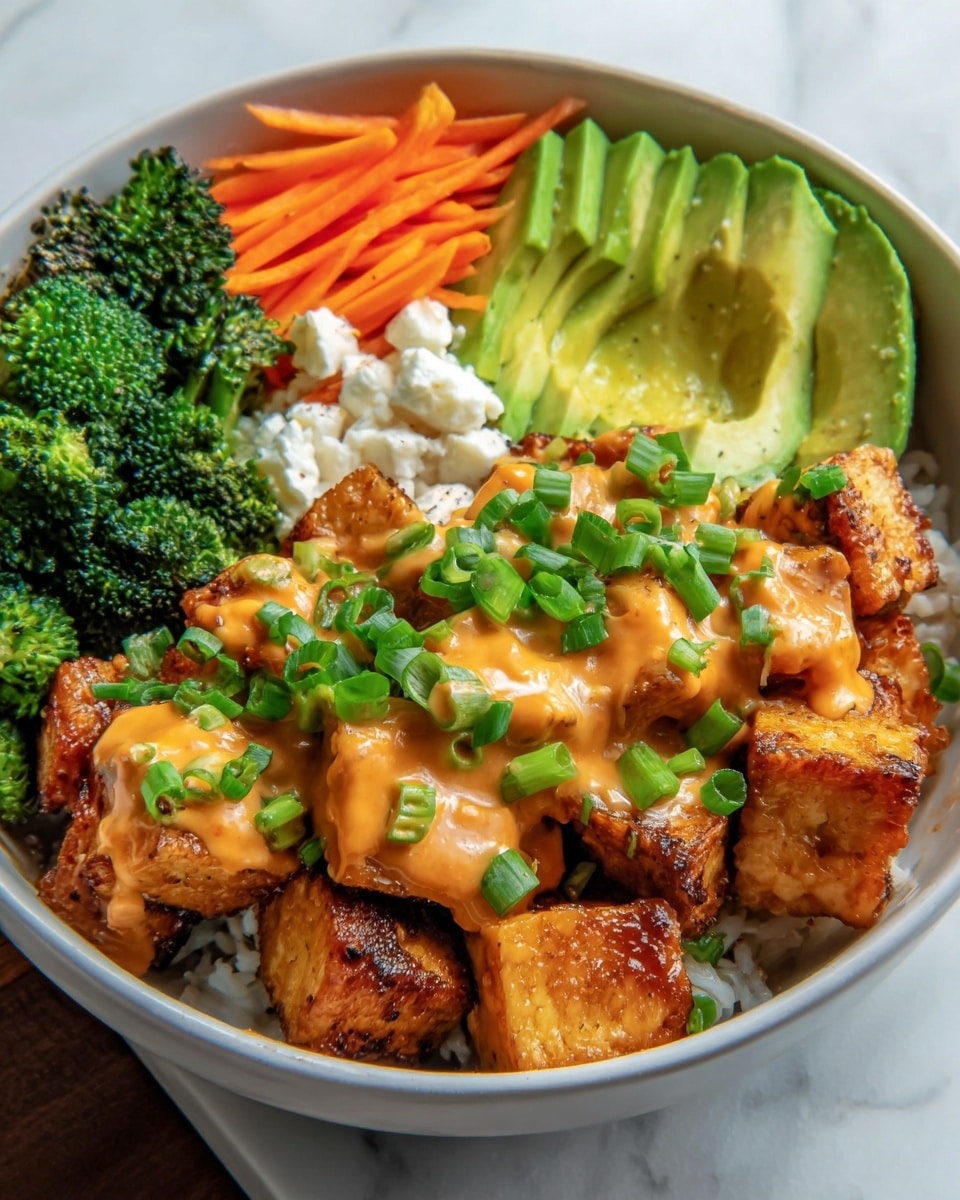 A white bowl sits on a white marbled surface filled with a colorful, healthy meal. The bottom layer is a mix of crispy golden-brown tofu pieces covered with a creamy orange sauce, topped with chopped green onions. To the right, there are neatly sliced green avocado wedges. Above them, thin, bright orange carrot sticks add crunch. On the left side, small white cottage cheese curds are spread next to a bunch of dark green steamed broccoli florets. The colors and textures make the dish look fresh and vibrant. Photo taken with an iphone --ar 4:5 --v 7