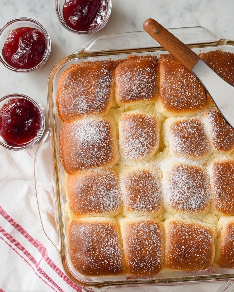 A glass baking dish contains twelve square bread rolls baked together, arranged in three rows and four columns. The rolls have a golden brown top crust with a slightly puffy and soft texture, dusted lightly with white powdered sugar. The edges of the dish show a darker, crispy crust. Nearby, two small white bowls hold a dark red jelly, and a metal spatula with a wooden handle rests on a white cloth with red stripes. The background surface is a white marbled texture. Photo taken with an iphone --ar 4:5 --v 7