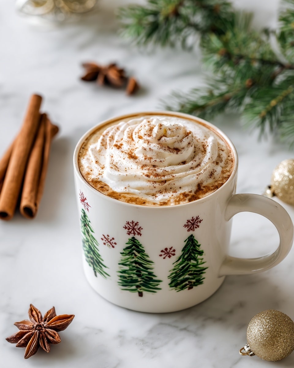 A white mug decorated with green Christmas trees and red snowflakes holds a warm brown latte topped with thick white whipped cream swirled in circles, sprinkled lightly with cinnamon powder. The mug sits on a white marbled surface next to three cinnamon sticks stacked in a triangle, a brown star anise, green pine sprigs, and some gold Christmas decorations, creating a cozy holiday scene. photo taken with an iphone --ar 4:5 --v 7