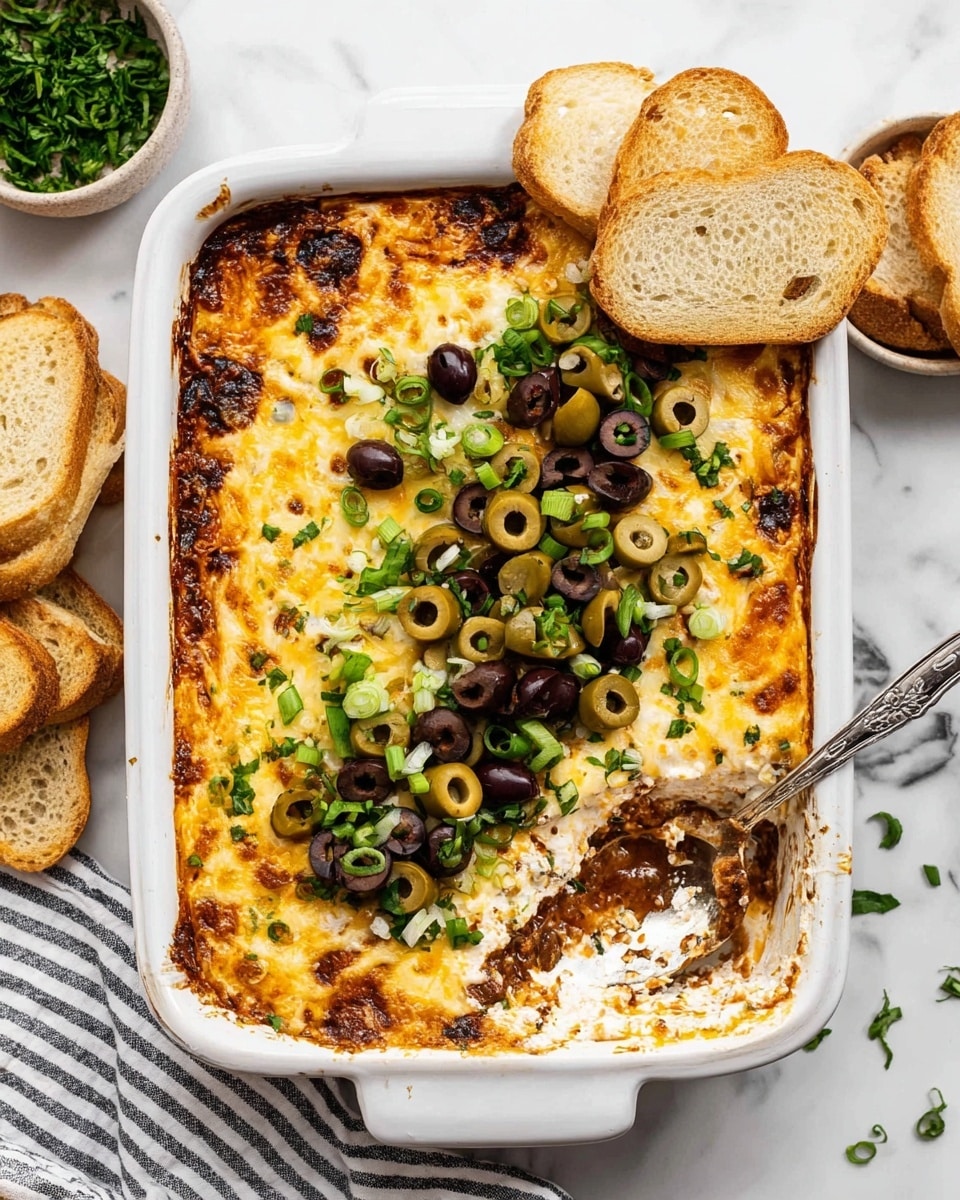 A white rectangular baking dish filled with a baked dip that has a golden-brown, bubbly cheese layer on top. The cheese layer is speckled with slightly browned spots, showing a melted and crispy texture. In the center, there is a mix of sliced green and black olives along with chopped fresh green herbs and sliced green onions scattered over the top. A spoon is scooping out a portion from the bottom right corner, revealing a creamy white layer beneath the cheese and a darker layer with beans or similar ingredients underneath. Three slices of toasted bread rest on the upper left corner of the dish on the white marbled surface, next to a small bowl of green herbs and a striped kitchen towel. Photo taken with an iphone --ar 4:5 --v 7