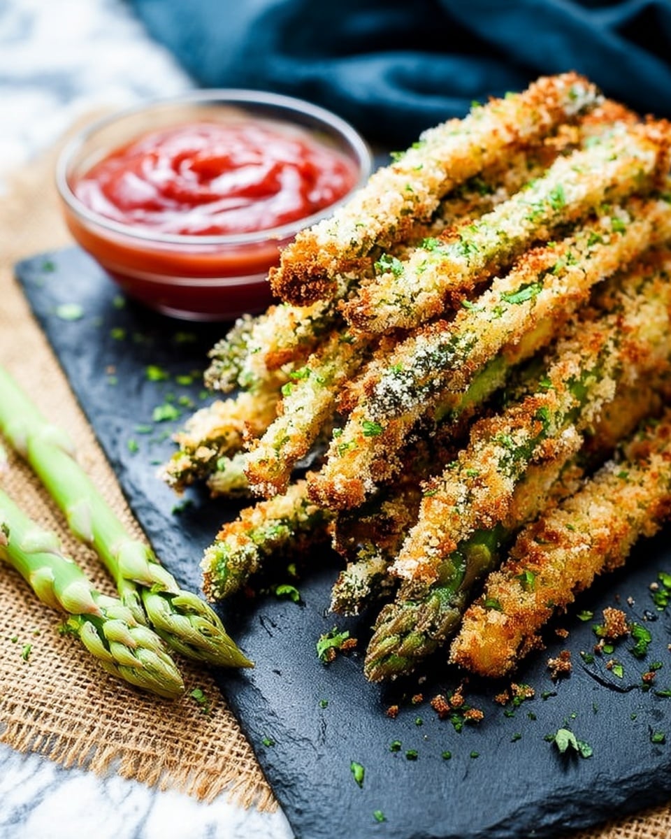 A stack of golden-brown, crispy asparagus fries covered in a crunchy breadcrumb coating with green herbs sprinkled on top sits piled on a black slate plate. The fries are long, thin, and slightly uneven, showing bright green asparagus peeking through the crust in places. To the side, there is a clear bowl filled with red dipping sauce, and fresh green asparagus stalks rest nearby on a white marbled surface partially covered with a piece of brown burlap and a dark blue cloth in the background. Photo taken with an iphone --ar 4:5 --v 7