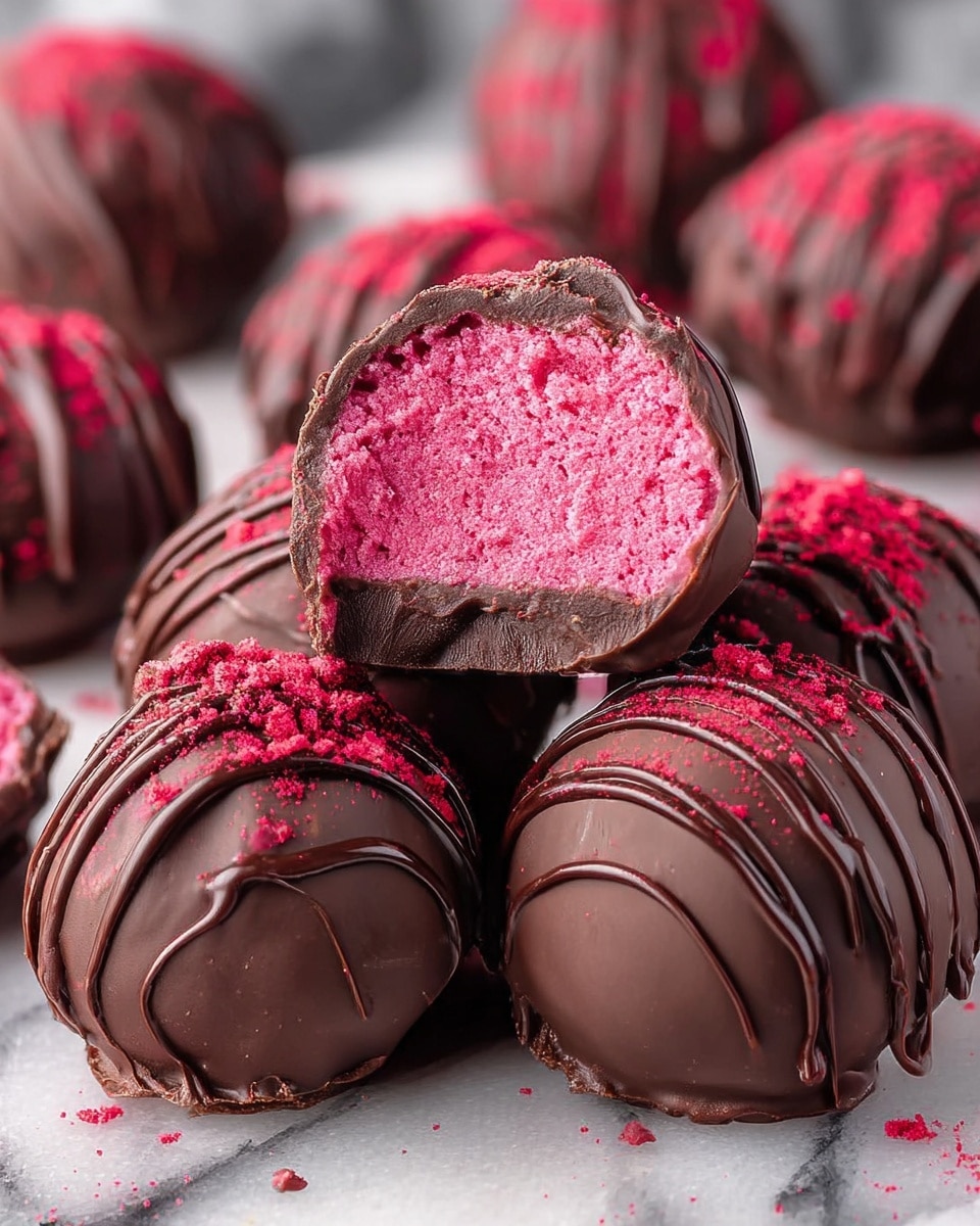 The image shows several round chocolate truffles on a white marbled surface. Each truffle has a smooth dark brown chocolate outer layer with drizzled lines of darker chocolate on top, sprinkled with bright red powder. One truffle is cut in half and placed on top, showing three layers: a thin dark chocolate shell, a thick bright pink creamy filling with a slightly crumbly texture inside, and an inner part of the same pink color. The truffles are stacked close together, highlighting their round shape and rich textures. Photo taken with an iphone --ar 4:5 --v 7