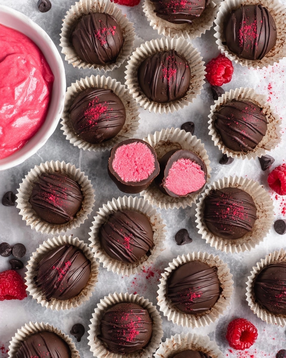The image shows many small chocolate balls placed in white paper and brown paper liners on a white marbled surface. Each chocolate ball is dark brown with a smooth, shiny texture, drizzled with thin lines of dark chocolate on top, and sprinkled with bright red powder. Some balls are cut in half, showing a smooth, bright pink filled center inside. Scattered around the chocolates are small dark chocolate chips and fresh red raspberries, adding color contrast. In the upper left corner, there is a white bowl filled with the same bright pink filling. The overall scene looks neat and colorful. photo taken with an iphone --ar 4:5 --v 7