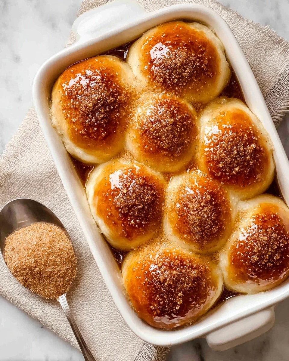 A white rectangular baking dish filled with eight golden brown dinner rolls arranged in two rows, each roll topped with a shiny glaze and sprinkled with light brown cinnamon sugar. The rolls are soft and round with a slightly uneven surface, sitting close together with a glossy syrup pooling slightly around them. Next to the dish, on a light beige cloth, there is a silver spoon filled with more cinnamon sugar. All of this is placed on a white marbled surface. Photo taken with an iphone --ar 4:5 --v 7