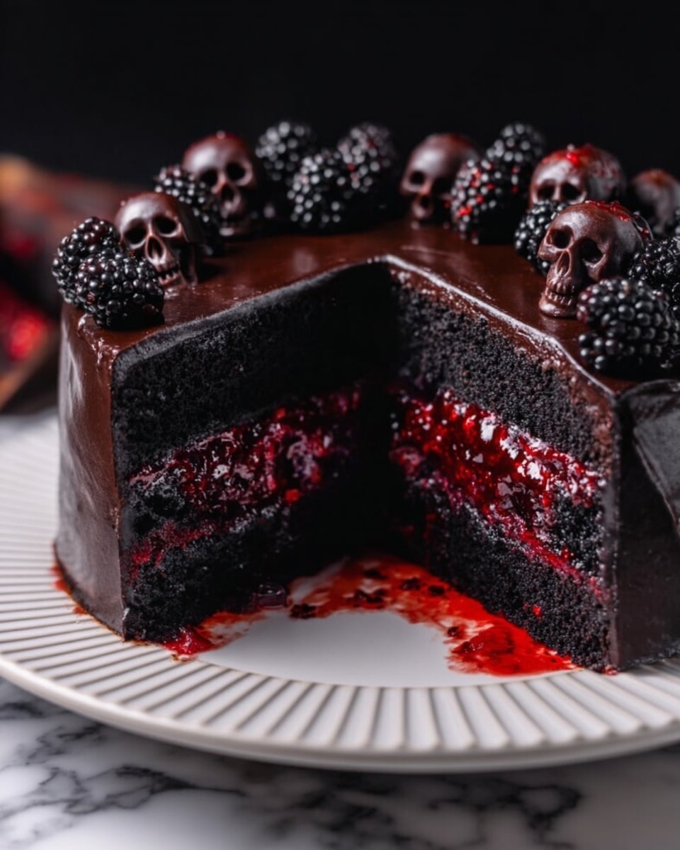 A three-layer cake with dark black chocolate sponge showing a moist, rich texture; the middle layer is filled with bright red jelly or jam, visible through a slice cut out of the cake. The top of the cake is covered with a smooth, shiny dark chocolate glaze. On the top, there are several shiny blackberries and dark chocolate skull shapes arranged around the edge, adding a spooky decoration. The cake sits on a white plate with delicate ridged edges on a white marbled surface that contrasts with the dark cake. photo taken with an iphone --ar 4:5 --v 7