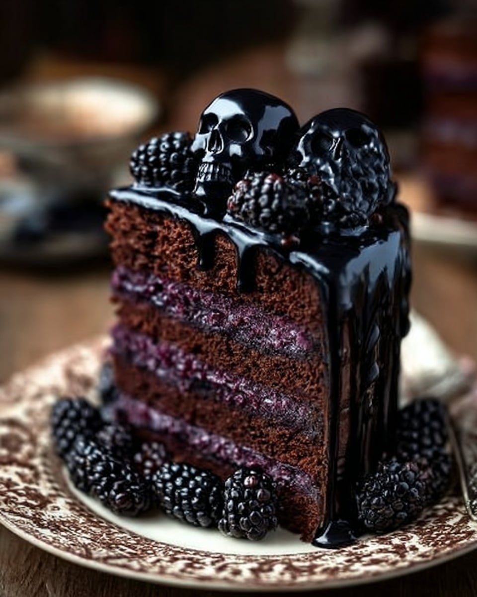 A slice of dark chocolate cake with four visible layers of rich, deep purple filling between the dark brown cake layers, topped with shiny black chocolate glaze dripping slightly down the sides. On top are three glossy black decorations shaped like skulls and fresh shiny blackberries scattered around the skulls and on the white plate with a detailed brown pattern. The surface under the plate shows a blurred wooden texture. Photo taken with an iphone --ar 4:5 --v 7