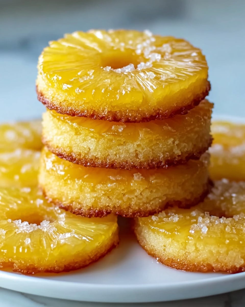 A stack of four golden pineapple upside-down cakes sits centrally on a white plate with a white marbled background. Each cake has a bright yellow pineapple ring on top, glazed to give a shiny, juicy look, with a white sugared center. The cake layer beneath the pineapple ring is light yellow with a soft, crumbly texture, and the edges of each cake are sprinkled with coarse sugar crystals that catch the light. Two additional pineapple cakes lie flat on the plate, one on each side of the stack, showing their glossy tops and sugared edges clearly. photo taken with an iphone --ar 4:5 --v 7