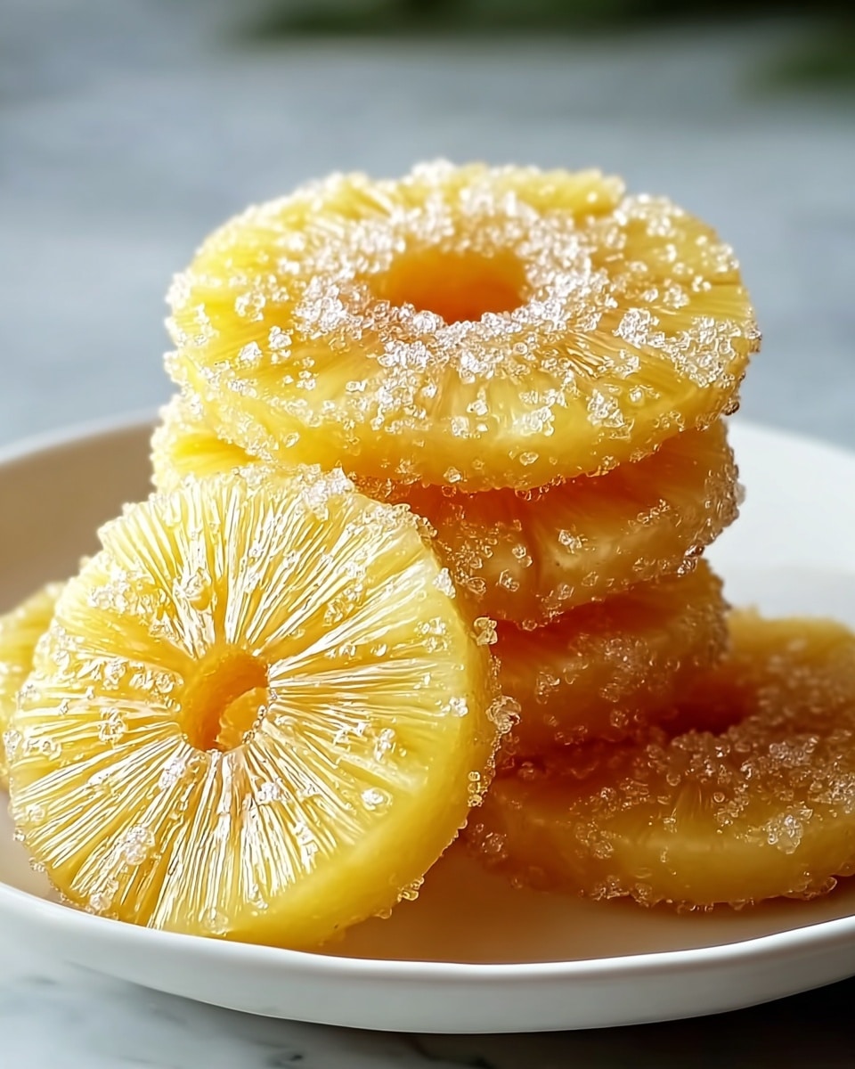A white plate holds a stack of three yellow pineapple slices coated with a layer of sparkling sugar crystals on their edges and centers. The pineapple slices are glossy with visible texture of the fruit and have a slightly translucent look, showing delicate segments radiating from the center outward. More similar pineapple slices lie flat on the plate beneath the stack. The scene is set on a white marbled surface with soft natural light enhancing the sugary sparkle on the fruit. photo taken with an iphone --ar 4:5 --v 7