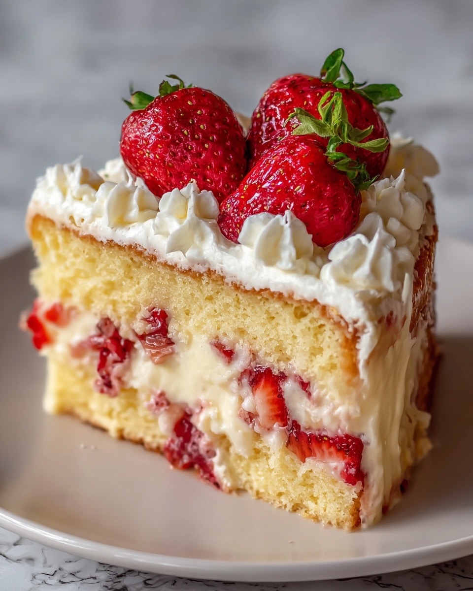 The image shows a slice of strawberry cream cake on a white plate with a white marbled texture background. The cake has two layers of soft, light yellow sponge cake. Between the layers, there is a thick layer of creamy white filling mixed with small pieces of red strawberries. The top of the cake is covered with a smooth white cream layer, decorated with whole and halved bright red strawberries with green tops placed near the center. Around the edge on top, there are dollops of white whipped cream creating a soft, fluffy border. The texture looks moist and creamy, with the strawberries adding fresh, juicy contrast. Photo taken with an iphone --ar 4:5 --v 7