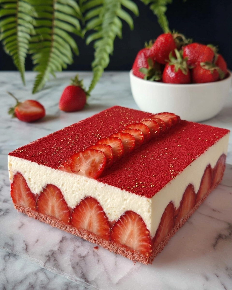 A square dessert with three visible layers sits on a white marbled surface. The bottom layer shows halved strawberries lined up with their red and juicy sides facing outward. Above that is a thick, creamy white layer of smooth texture. The top layer is a bright red powder dusted evenly over the entire surface. Two rows of thinly sliced strawberries are arranged in parallel lines across the top. In the background, there is a white bowl filled with whole strawberries and green fern leaves adding a fresh touch. photo taken with an iphone --ar 4:5 --v 7
