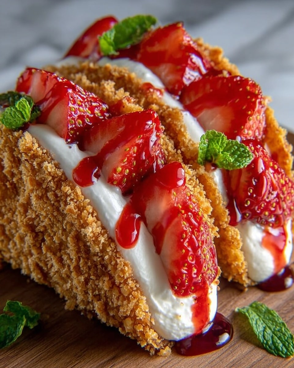 The image shows two taco-shaped desserts standing side by side, each with three layers. The outer layer is golden brown and crunchy, covered in coarse crumbs, forming a shell. Inside, the middle layer is thick white cream, smooth and soft, filling the shell generously. On top of the cream, the third layer has bright red strawberry slices with a shiny red sauce dripping down slightly, adding a fresh and juicy look. Small green mint leaves are scattered on top, offering a pop of color. The background is a white marbled texture. photo taken with an iphone --ar 4:5 --v 7