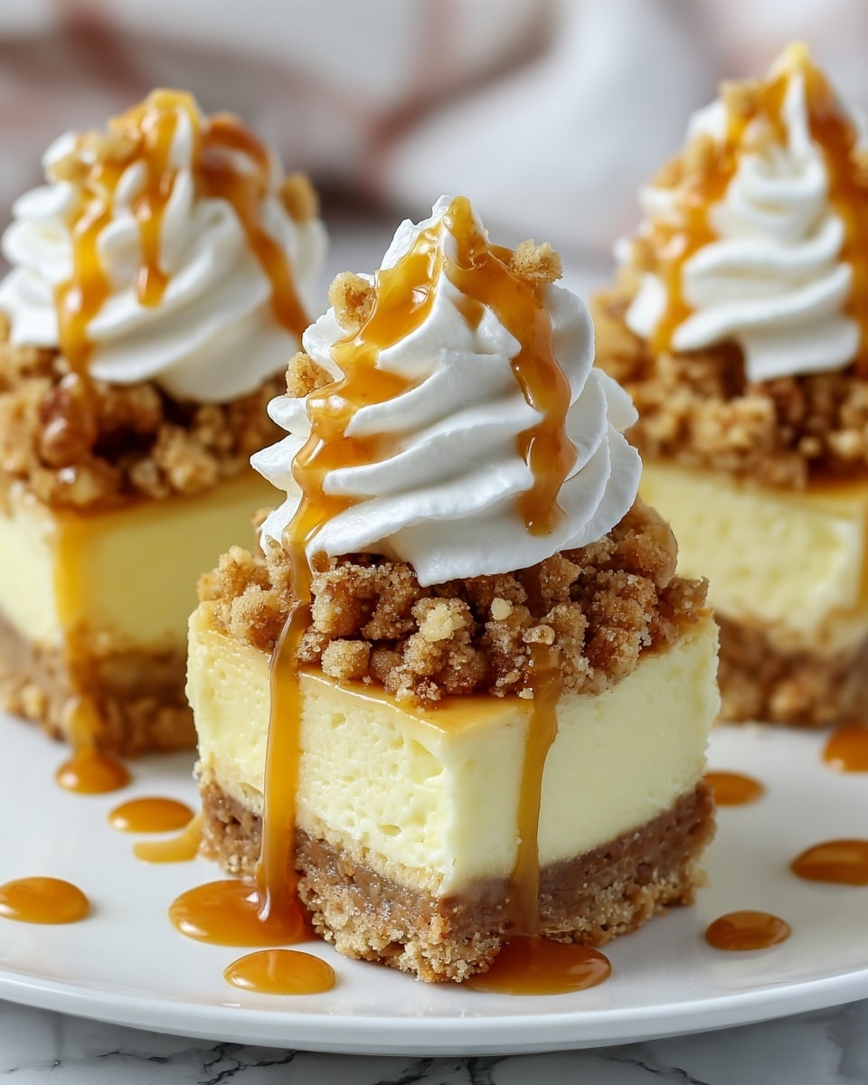 The image shows a close-up of a small dessert with four visible layers. The bottom layer is a crumbly, light brown crust made from crushed cookies or nuts. Above it is a thick, smooth, pale yellow cheesecake layer. On top of the cheesecake is a chunky, golden brown streusel layer with a crunchy texture. The dessert is topped with a swirl of white whipped cream, generously drizzled with golden caramel sauce that also drips slightly down the sides. The desserts are placed on a white plate set on a white marbled surface, with caramel drops scattered around for extra detail. photo taken with an iphone --ar 4:5 --v 7