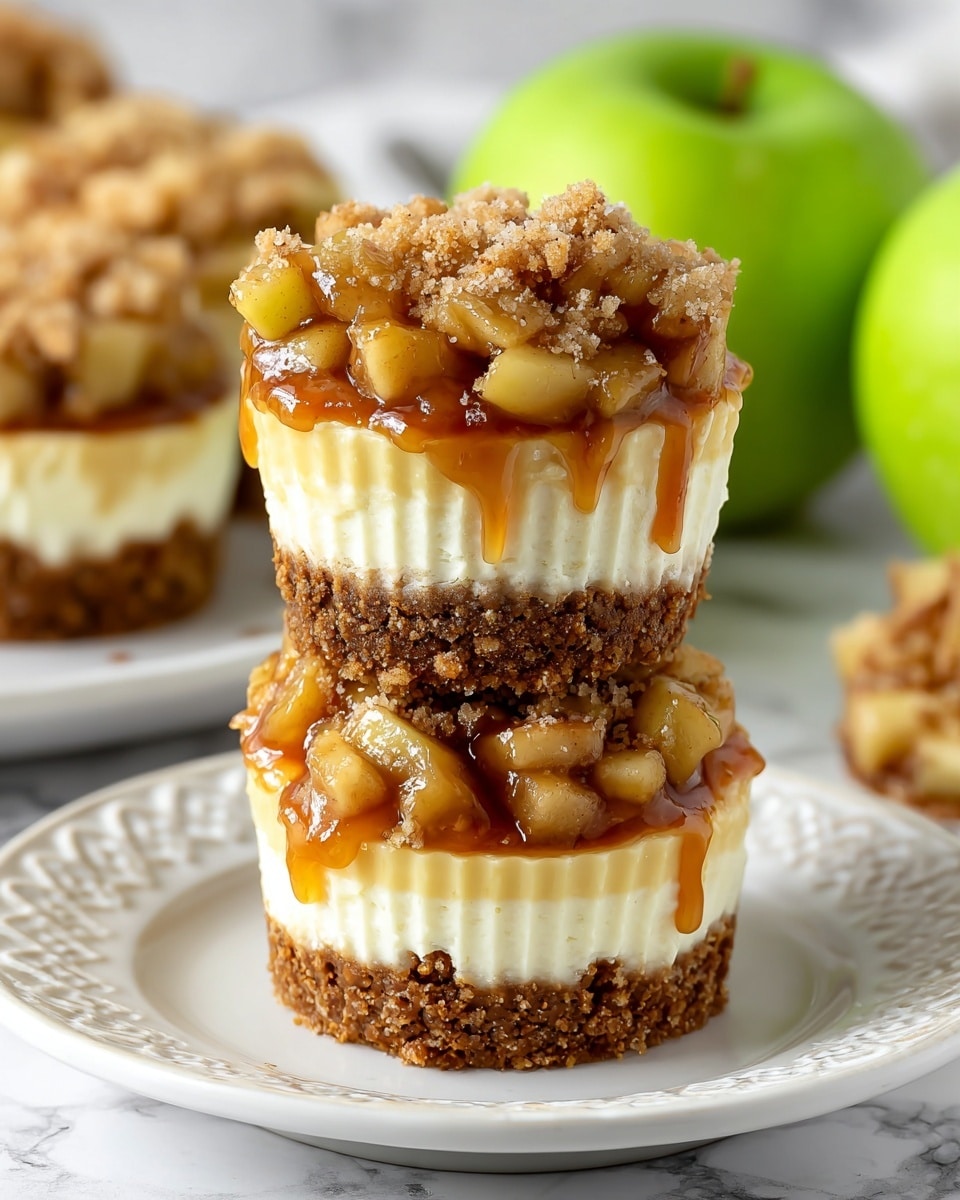 Two mini cheesecakes are stacked on top of each other on a white plate with a decorative edge. Each cheesecake has four layers: the bottom layer is a thick, crumbly brown crust, followed by a smooth and creamy pale yellow cheesecake layer. Above that is a chunky layer of cooked golden-brown apple pieces with a shiny caramel glaze dripping slightly down the sides. The top layer is a light brown crumbly streusel topping with a rough texture. In the background, there are whole green apples and more cheesecakes, all placed on a white marbled surface. photo taken with an iphone --ar 4:5 --v 7
