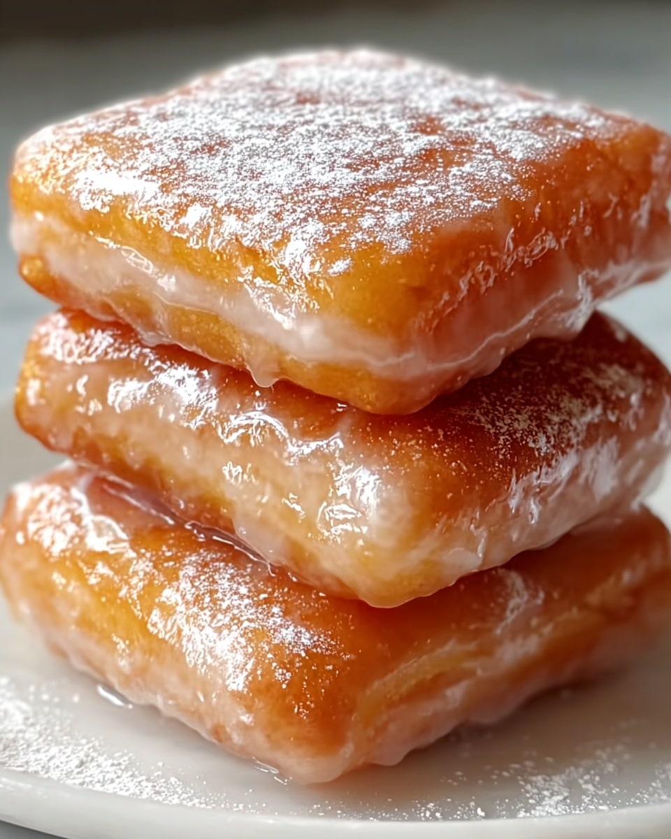 A close-up view of three square-shaped fried pastries stacked on top of each other, each layer showing a golden-brown crispy texture with a shiny glaze that looks slightly sticky and wet, highlighting the light dusting of powdered sugar on the top. The edges appear soft but firm, and the pastries have a slightly uneven surface that catches the light, emphasizing their glazed coating. The stack sits on a white plate with a white marbled texture beneath, creating a clean and bright background. photo taken with an iphone --ar 4:5 --v 7