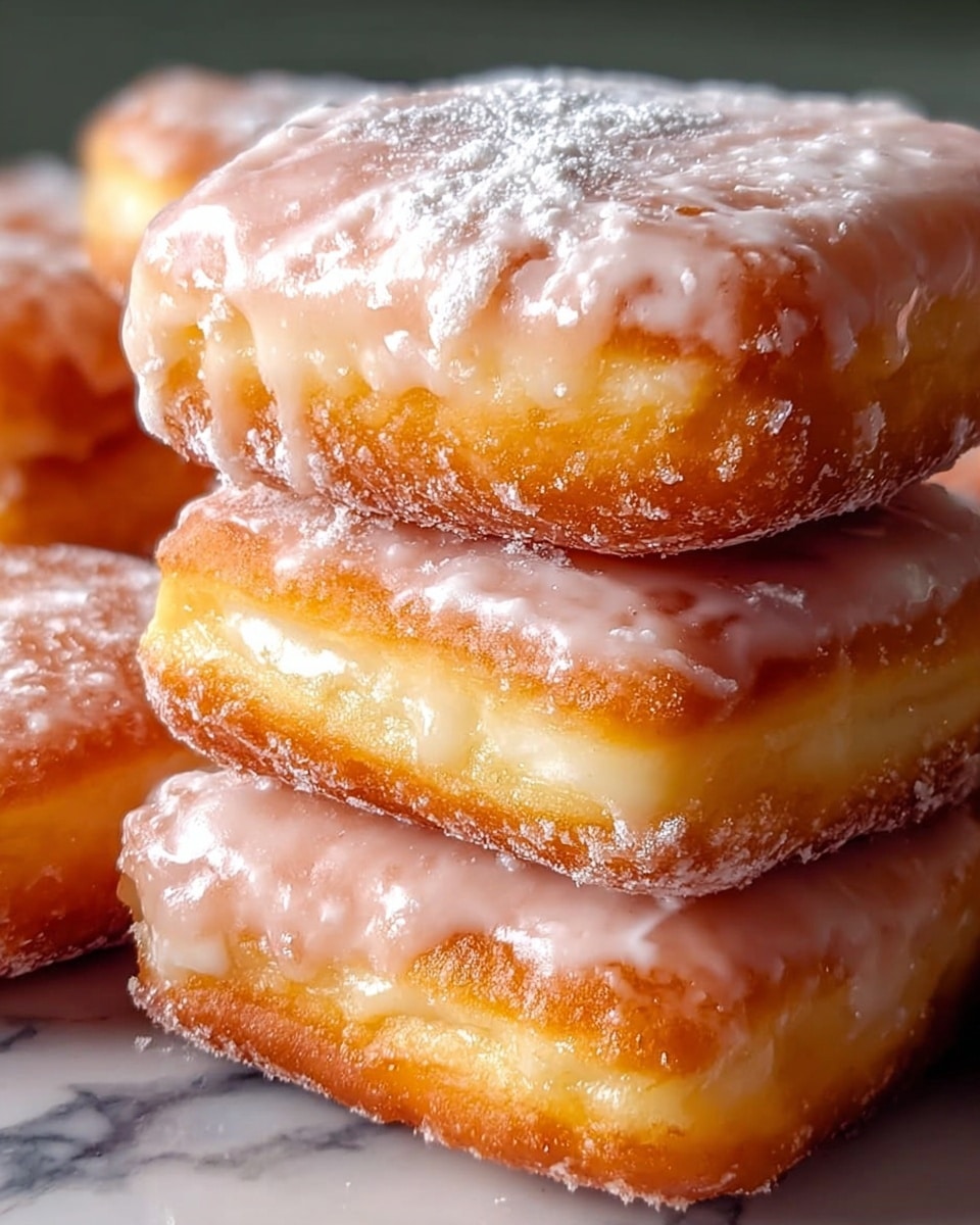 A close-up shows a stack of square doughnuts on a white marbled surface. Each doughnut has two thick layers: a golden-brown fried dough base and a middle creamy filling visible at the edge. The top layer is covered with a shiny, light white glaze that drips slightly down the sides. Some doughnuts have a light dusting of white powdered sugar on top of the glaze, adding a soft texture. The doughnuts look fluffy and moist, with a warm inviting golden color. photo taken with an iphone --ar 4:5 --v 7