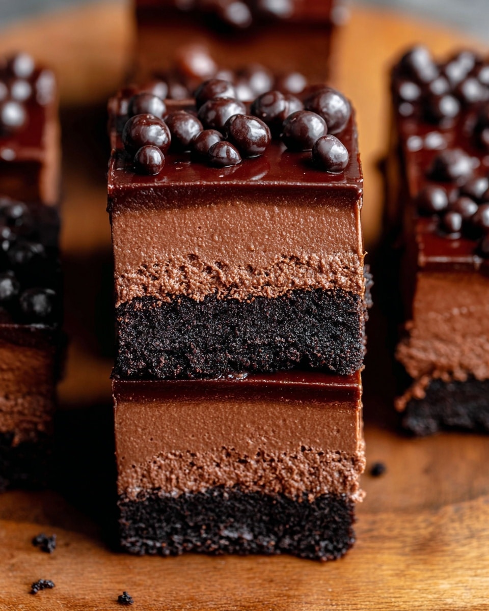 Two square pieces of rich chocolate cake are stacked on a wooden surface. Each piece has three visible layers: a bottom dark, crumbly crust, a thick middle layer of dense chocolate mousse with a soft texture, and a glossy top layer of smooth chocolate ganache decorated with small round chocolate balls. The top ganache layer shines slightly under the light, showing some texture from the spread. Surrounding the stacked pieces are more square slices of the same cake, all placed on the wooden surface. photo taken with an iphone --ar 4:5 --v 7