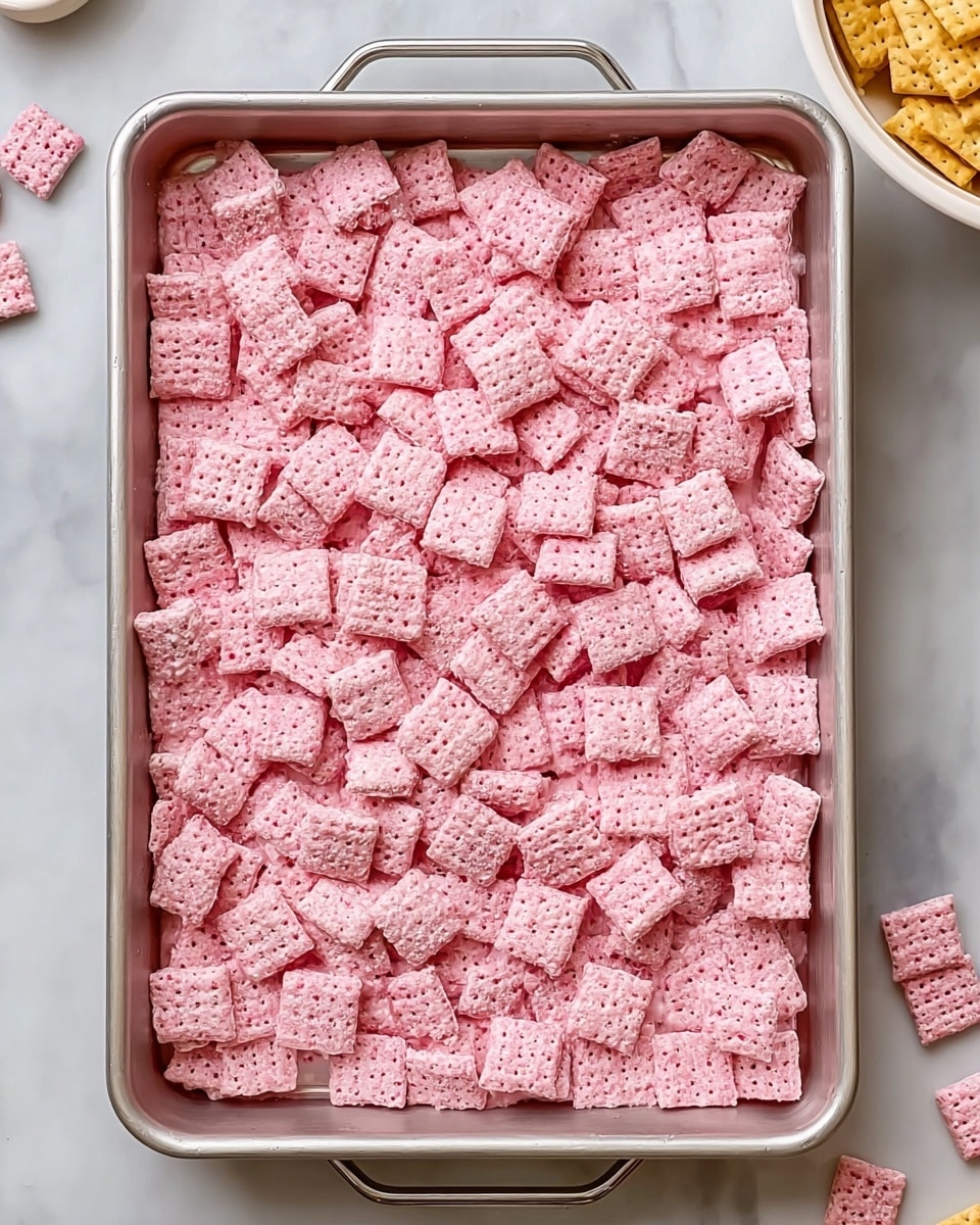 A silver rectangular baking pan filled with a thick layer of small square cereal pieces coated evenly in a pink powder, covering the entire surface. The cereal squares have a textured pattern with tiny holes and are densely packed, creating a slightly uneven top. The pan rests on a white marbled textured surface, with some pink-coated cereal pieces scattered near the bottom right corner. In the upper right corner of the image, part of a white bowl with yellowish crackers is visible on the same white marbled surface. Photo taken with an iphone --ar 4:5 --v 7