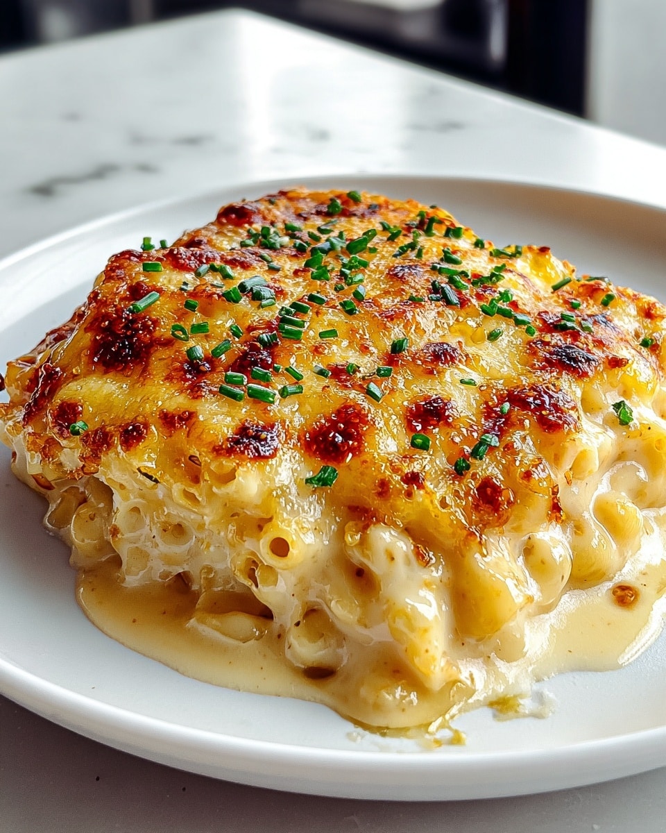 A creamy baked macaroni and cheese is served on a white plate, showing one single thick layer of small pasta covered with melted, golden-brown bubbly cheese on top. The cheese texture is smooth and gooey in some parts, with darker toasted spots giving a crispy look. Small green herb bits are sprinkled evenly over the top layer, adding a touch of color. The edges of the cheese slightly drip creamy sauce onto the plate, and the macaroni underneath peeks through, showing its soft texture. The whole dish sits on a white marbled surface in a bright kitchen setting. Photo taken with an iphone --ar 4:5 --v 7