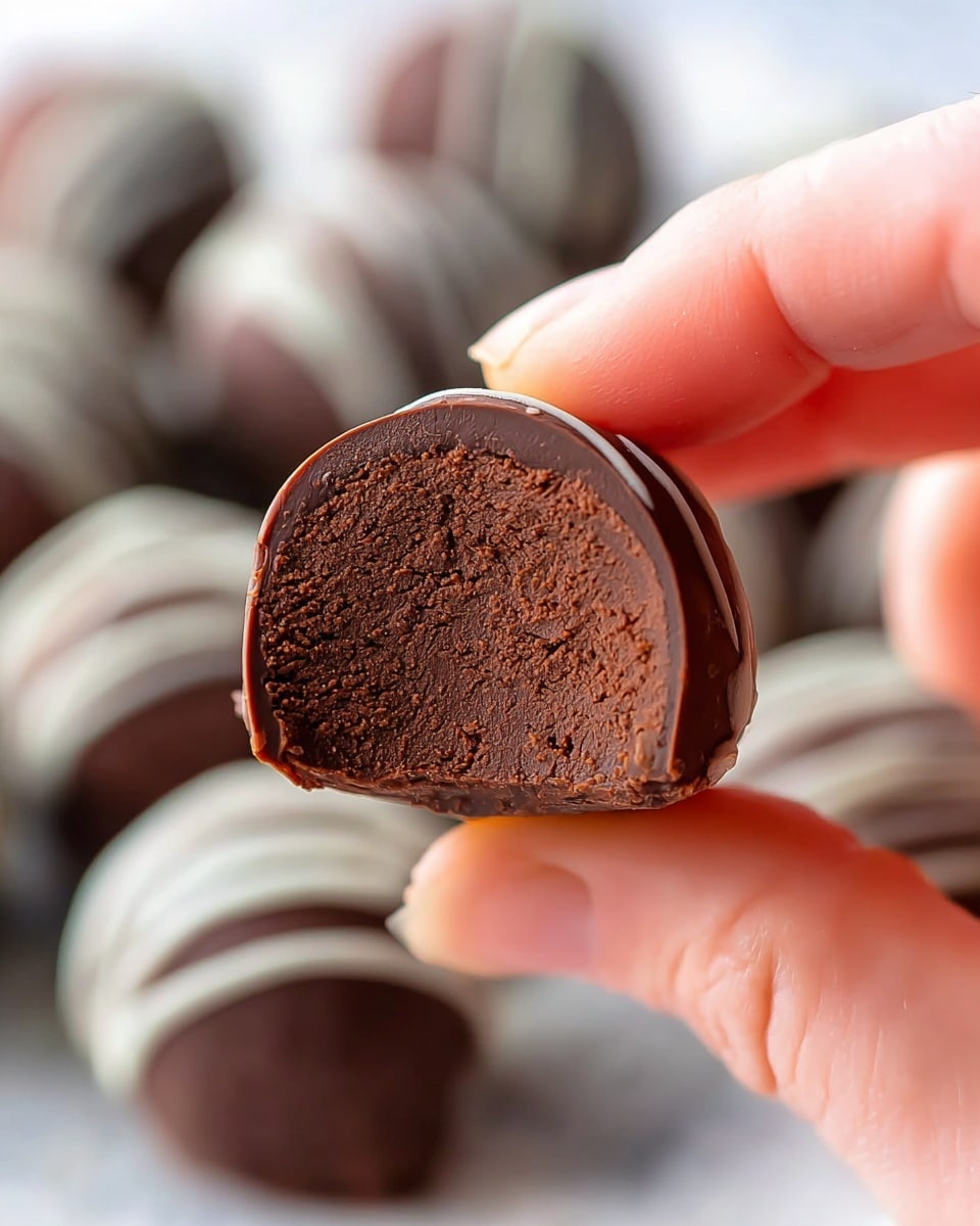A close-up view of a dark brown chocolate truffle held between a woman's thumb and index finger, showing its smooth, dense interior and a thin, glossy chocolate coating surrounding it, with more truffles in the blurred background decorated with white icing stripes, all set against a white marbled texture photo taken with an iphone --ar 4:5 --v 7