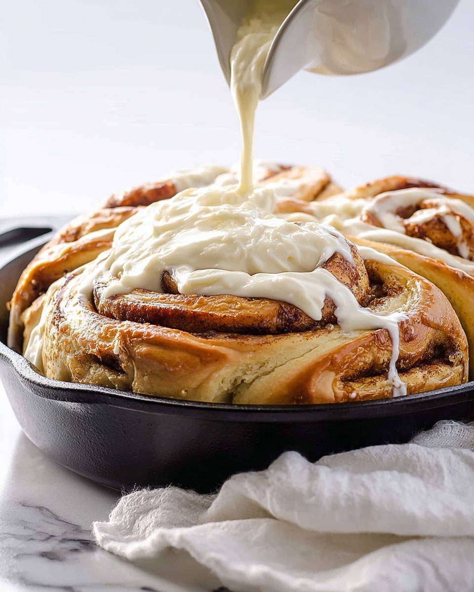 This image shows a large cinnamon roll with several thick layers of golden-brown dough swirled together, placed in a black skillet. The dough looks soft with a slightly crispy outside. On top, there is a generous dollop of white cream cheese frosting slowly being poured over the cinnamon roll, dripping down the sides. The cinnamon roll layers show hints of cinnamon filling, giving the dough a speckled light brown texture. The skillet is set on a white marbled surface with a white cloth partly visible in the foreground. photo taken with an iphone --ar 4:5 --v 7