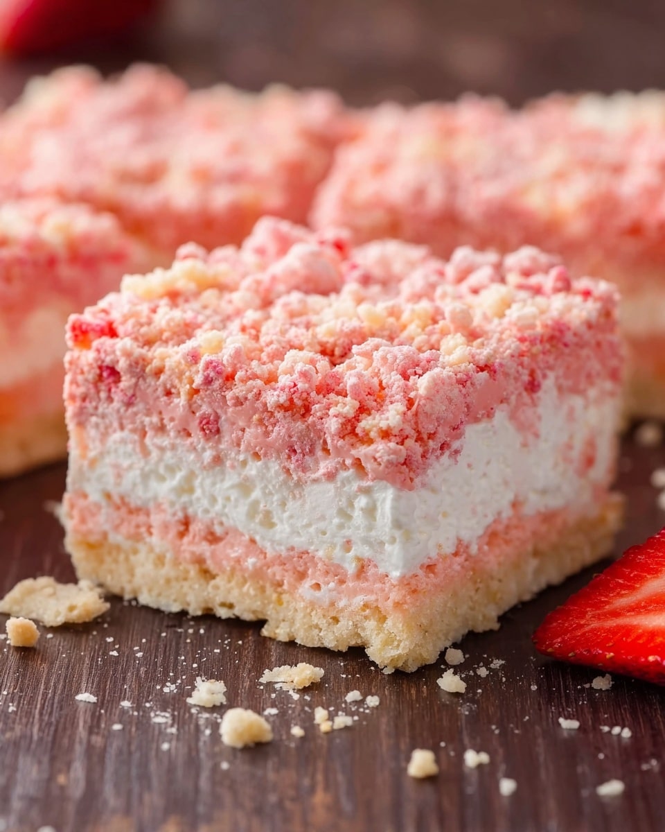 The image shows a square bar dessert with three clear layers. The bottom layer is pink with small bits of white, looking soft and chewy. The middle layer is thick white cream, smooth and fluffy. The top layer is a crumbly texture made of crushed pieces in pink and light beige colors, covering the dessert completely. The dessert is placed on a dark wooden surface with some crumbs around it. A half-cut fresh red strawberry is near the bottom right corner. Photo taken with an iphone --ar 4:5 --v 7