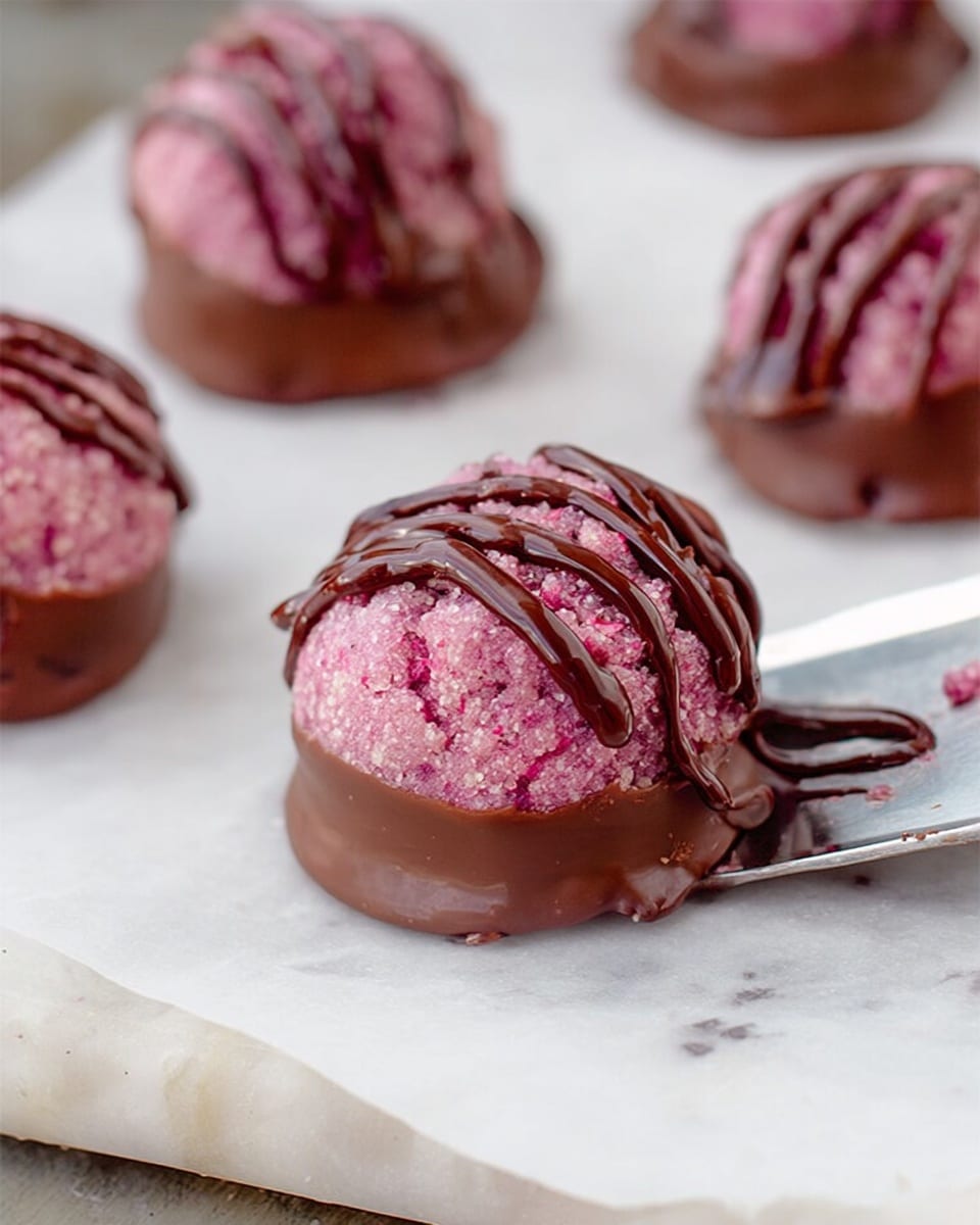 The image shows a close-up view of small round sweets placed on white parchment paper with a white marbled texture underneath. Each sweet has two main layers: the bottom layer is a smooth, shiny brown chocolate coating that partially wraps around the base, textured slightly where it meets the surface; the top layer is a rough-textured, pinkish-purple mixture with some small granules visible, forming a dome shape. Drizzled over the pink layer is a thin, uneven stream of chocolate in a darker shade, adding a decorative touch. The sweets are arranged loosely on the surface, with a metal spatula visible near the front sweet, lifting it slightly. Photo taken with an iphone --ar 4:5 --v 7