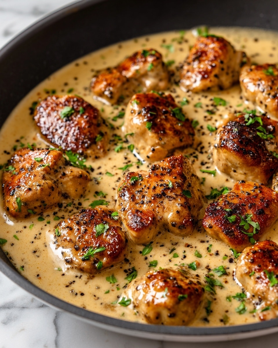 A close-up view of a black skillet filled with about fifteen pieces of browned chicken covered in a creamy beige sauce, speckled with black pepper and chopped green herbs scattered evenly on top; the chicken pieces have a shiny texture with golden brown spots, sitting in the thick sauce that pools slightly at the bottom, all set on a white marbled surface. photo taken with an iphone --ar 4:5 --v 7