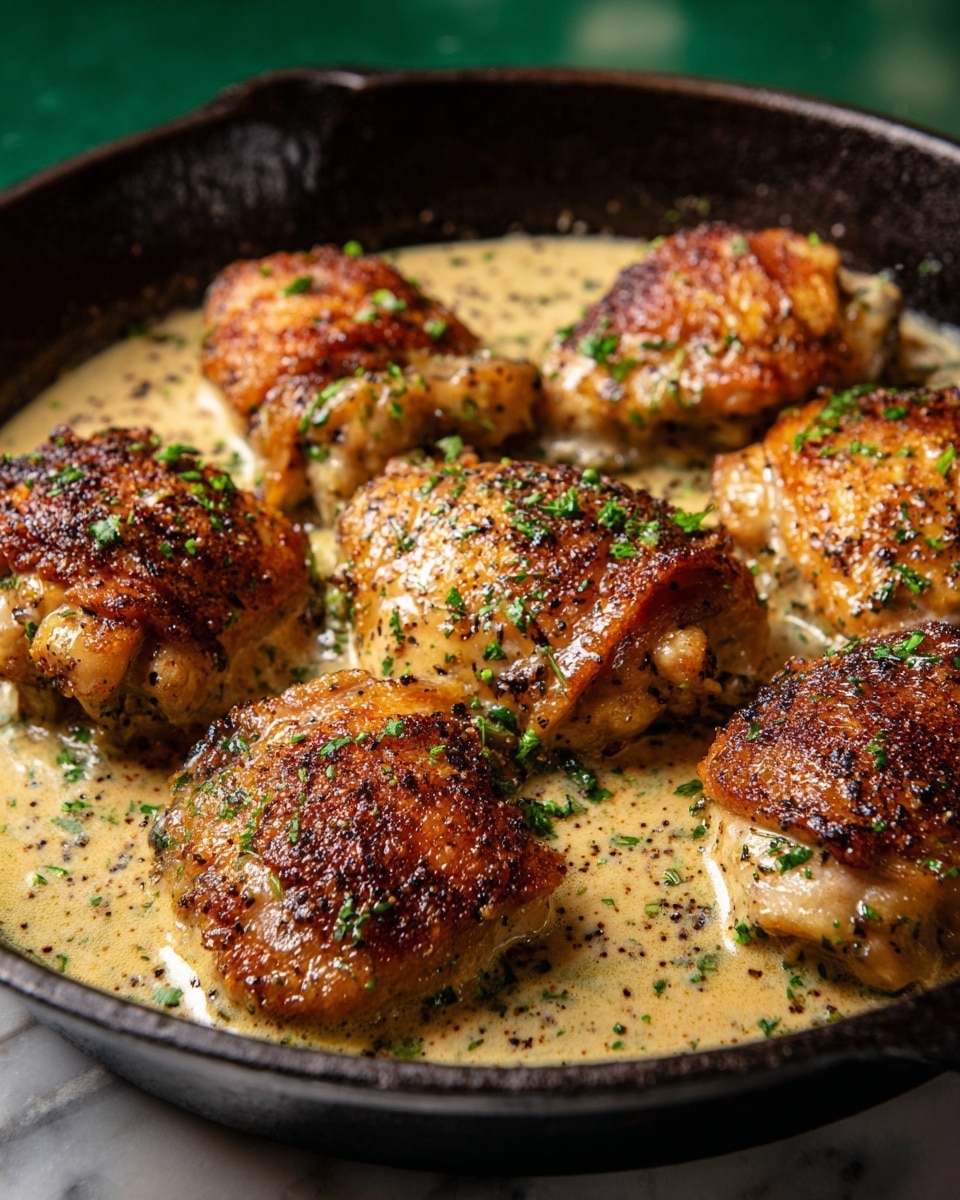A black cast iron pan filled with nine pieces of golden brown chicken thighs, each piece showing a crispy, slightly charred exterior. The chicken is coated in a creamy, light beige sauce speckled with finely chopped green herbs and black pepper. The sauce pools at the bottom of the pan, surrounding the chicken pieces closely. The background shows a soft blur of green, enhancing the warm tones of the dish, and the surface beneath the pan is a white marbled texture. photo taken with an iphone --ar 4:5 --v 7