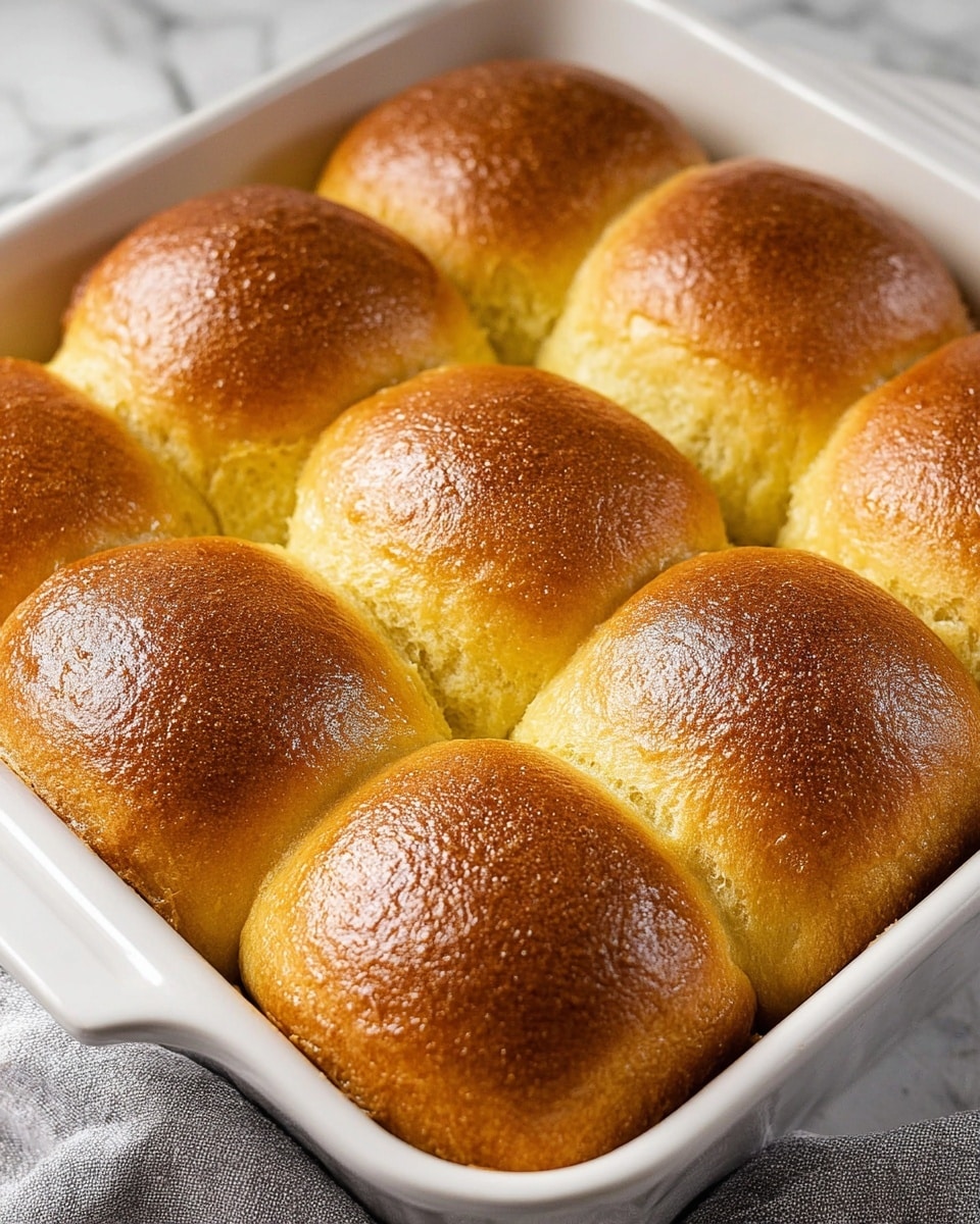 The image shows nine golden brown dinner rolls closely packed in a white baking dish. Each roll has a smooth, shiny top with a slightly textured surface, showing a light browned crust. The color of the rolls ranges from deep golden to light yellow near the sides, indicating a soft interior. The buns are slightly rounded and touch each other, forming a uniform grid of three rows and three columns. The dish sits on a white marbled surface, with a gray cloth visible beside it. photo taken with an iphone --ar 4:5 --v 7