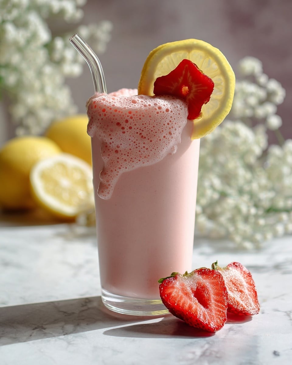 A tall clear glass filled with a thick, light pink strawberry smoothie that slightly overflows with bubbles dripping down the sides; the top is decorated with a fresh red strawberry slice on one side and half a bright yellow lemon slice placed on the rim. A clear straw sticks out from the top. In front of the glass on the white marbled surface are two halved strawberries showing their red inside and seeds. There are white flowers and sliced lemons blurred in the background creating a soft, fresh setting. photo taken with an iphone --ar 4:5 --v 7