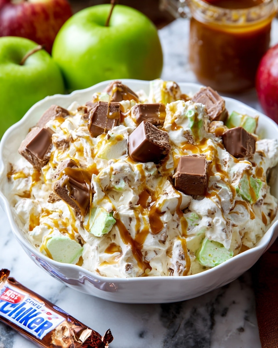 A white scalloped bowl is filled with a creamy mixture that is off-white in color with small green pieces throughout, topped with chunks of chocolate-covered candy bars that have light brown centers, and drizzled with golden caramel sauce. The texture shows soft, whipped cream combined with crunchy candy pieces, and the bowl is placed on a white marbled surface with green apples in the background, a caramel jar to the side, and a wrapped candy bar partially visible in the foreground. Photo taken with an iphone --ar 4:5 --v 7