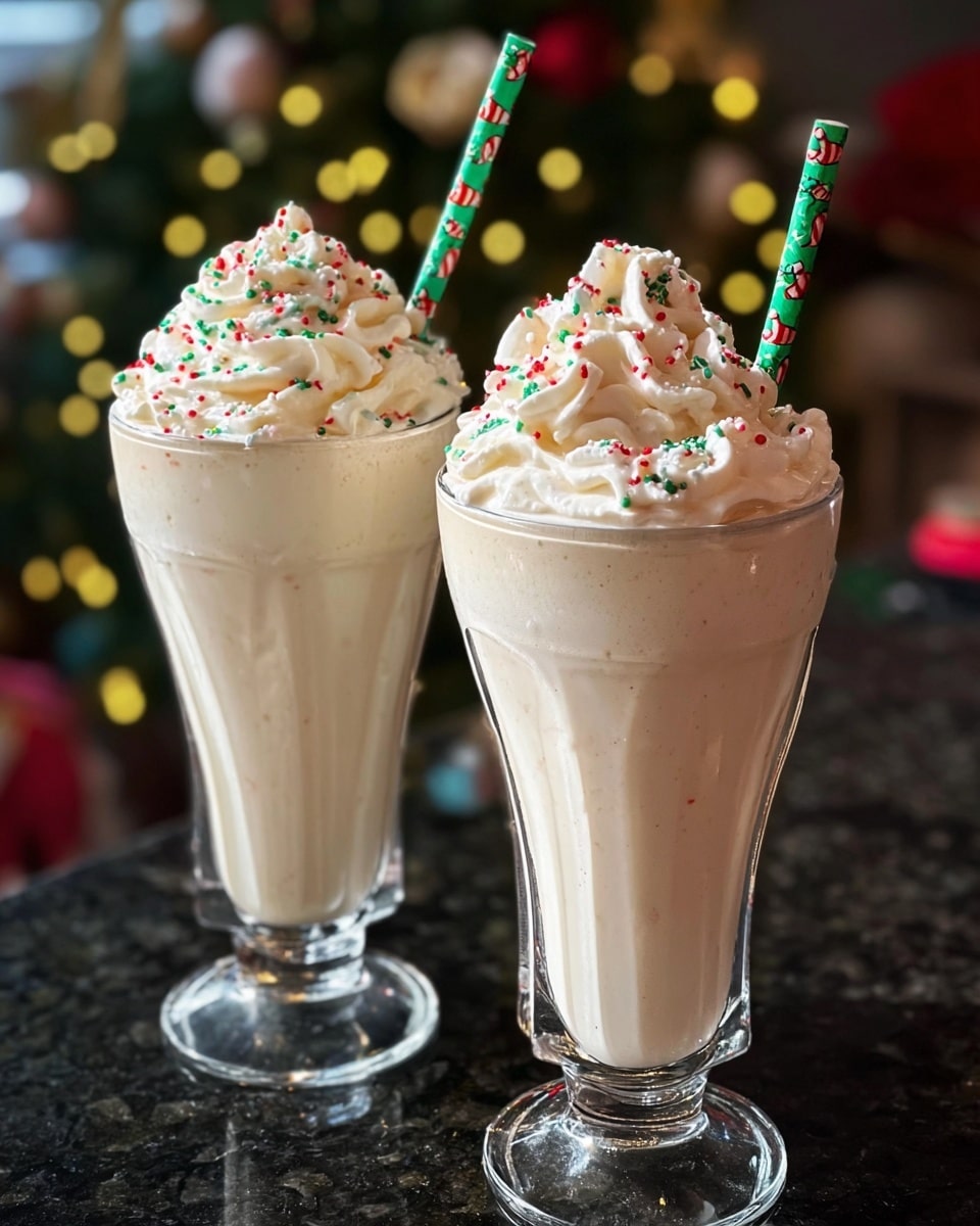 Two tall clear glasses filled with a thick, creamy, light beige milkshake sit side by side on a dark countertop with a blurred Christmas tree in the background. Each milkshake has a generous swirl of light beige whipped cream on top, sprinkled with red and green tiny candy pieces. A tall straw with a green and red leaf pattern is inserted into each glass, standing upright through the whipped cream. The glasses have a curvy shape with a wider top and narrow base, showing the smooth texture of the milkshake inside. Photo taken with an iphone --ar 4:5 --v 7