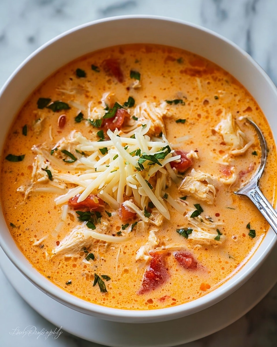 A white bowl filled with a creamy orange soup that has chunks of shredded chicken and pieces of tomato mixed in. The soup surface is topped with a small pile of light yellow shredded cheese and sprinkled with small green herbs for freshness. A silver spoon is placed inside the bowl on the right side. The bowl sits on a white marbled surface. photo taken with an iphone --ar 4:5 --v 7