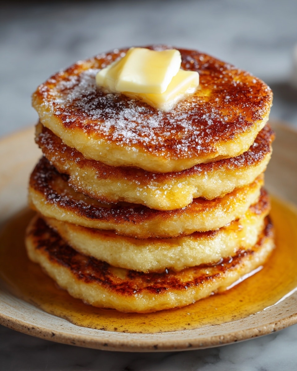 A stack of five golden brown pancakes is shown, each layer thick with a slightly crispy outer edge and soft, fluffy inside. The top pancake is sprinkled with a light layer of granulated sugar and has a melting square of butter in creamy pale yellow, slowly dripping. The pancakes sit in a small pool of amber syrup that glistens around the base on a white plate with a subtle texture. The background is blurred, highlighting the rich texture and warm colors of the pancakes on a white marbled surface. Photo taken with an iphone --ar 4:5 --v 7