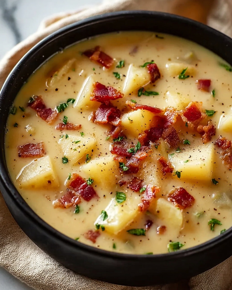 A close-up view of a creamy soup in a black bowl filled with small, soft potato chunks in pale yellow, mixed with pieces of reddish-brown bacon scattered on top. The soup base is thick and light beige, with tiny bits of green herbs sprinkled across the surface. The bowl is placed on a beige cloth over a white marbled texture. The texture looks smooth and hearty, with a few cracks of black pepper visible on the top layer. photo taken with an iphone --ar 4:5 --v 7
