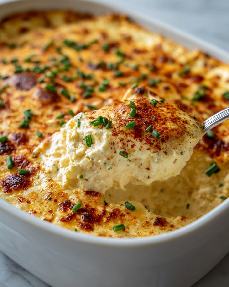 A close-up of a white baking dish filled with a creamy baked dip that has a golden-brown top layer with small browned spots, sprinkled with chopped green chives and a light dusting of paprika or red spice. The dip looks thick and smooth with a slightly bubbly, browned cheese crust on top. A spoon scoops out a soft, pale yellow layer of the creamy dip with visible small chunks, showing the rich, smooth texture inside. The background is a white marbled texture. Photo taken with an iphone --ar 4:5 --v 7