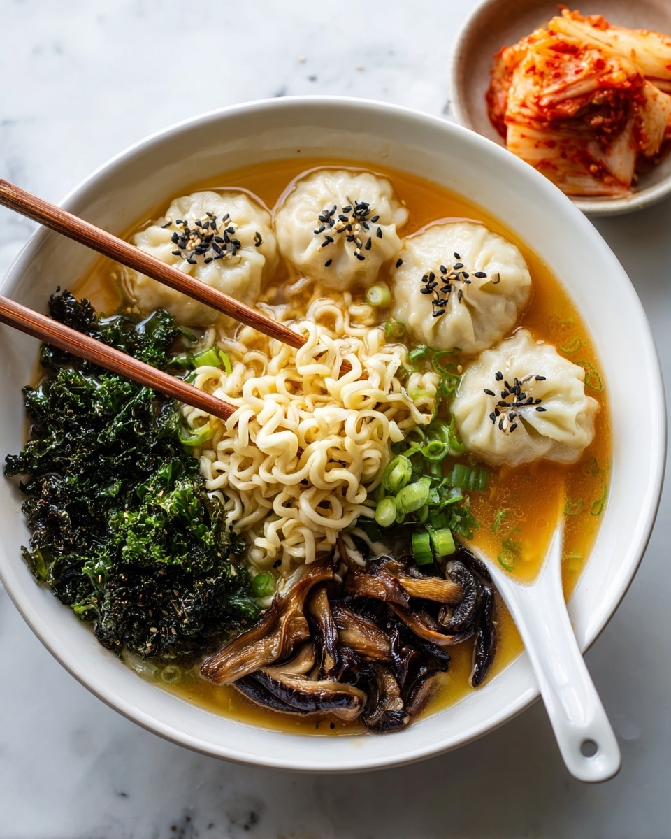 A white bowl filled with bright orange broth holds four white dumplings with black sesame seeds scattered on top, placed near the upper edge. Below the dumplings, a nest of light yellow curly ramen noodles is being lifted by wooden chopsticks from the left side. To the right of the noodles is a cluster of deep green leafy vegetables, and some brown mushrooms sit next to the dumplings. Chopped green onions are sprinkled over the dish. A white spoon with orange broth rests inside the bowl on the right side. In the background, a small bowl holds orange-red kimchi on a white marbled surface. photo taken with an iphone --ar 4:5 --v 7