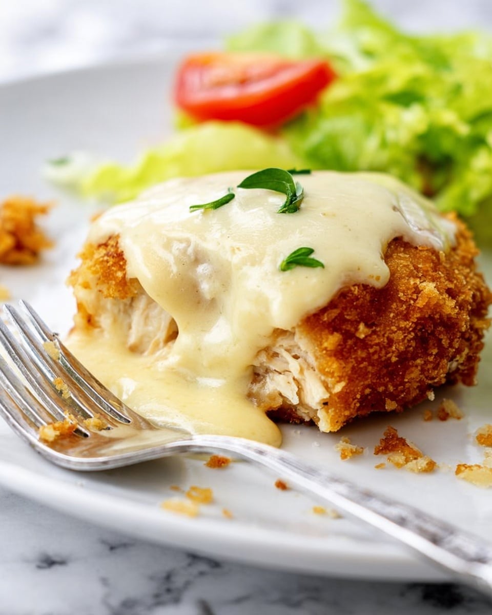 The image shows a close-up of a piece of breaded, golden-brown fried chicken topped with a thick, creamy, pale yellow sauce that slightly drips down the side, garnished with a few small green herb leaves. The chicken is placed on a white plate with a shiny silver fork resting beside it. In the background, there is a side of fresh green lettuce and a slice of red tomato, all set on a white marbled surface. Some crumbs and small bits of sauce are scattered around the plate, indicating the dish has been partially eaten. photo taken with an iphone --ar 4:5 --v 7