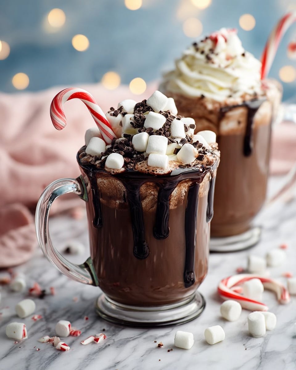 A white cup filled with thick, dark brown hot chocolate topped with a round, smooth dollop of white cream in the center, sprinkled with small, curly chocolate shavings. A shiny gold spoon is partially dipped into the hot chocolate, lifting a bit of the liquid showing a smooth, glossy texture. Behind, another white cup contains the same layered drink with cream and shavings. The cups sit on a rich brown wooden surface with scattered dark chocolate pieces nearby and a rich red cloth in the background, all on a white marbled texture. photo taken with an iphone --ar 4:5 --v 7