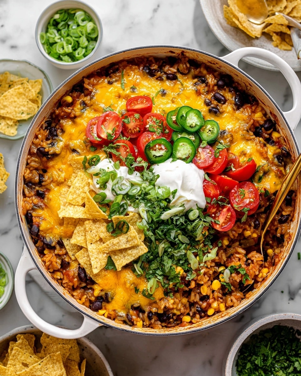 A white pot filled with a layered dish starting with a base of cooked rice mixed with black beans, corn, and diced vegetables showing a brown and yellow texture, topped with melted yellow and orange cheese spread evenly, a layer of yellow tortilla chips scattered in the center, then garnished with green sliced jalapeños, halved red cherry tomatoes, chopped green onions, and green leafy herbs, along with a dollop of white sour cream in the middle. The pot sits on a white marbled surface with small white bowls of chopped green onions and herbs nearby, and a gold spoon scooping some of the dish on one side. Photo taken with an iphone --ar 4:5 --v 7