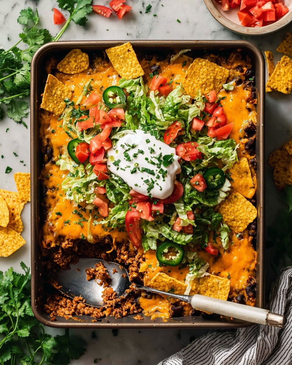 A square baking pan holds a layered dish starting with a dark, cooked base likely beans or meat, covered by melted bright orange cheddar cheese. On top, fresh green lettuce and chopped red tomatoes are scattered, along with sliced green jalapeño peppers and torn yellow corn chips. In the center, a dollop of white sour cream sits on the greens, sprinkled with small green herbs. A large spoon rests in the pan, partially scooping a serving, showing a textured mix of ingredients underneath. The pan is on a white marbled surface, with scattered tomato vine, chopped jalapeño, cilantro, and broken chips around it. A striped cloth is on the right side. photo taken with an iphone --ar 4:5 --v 7