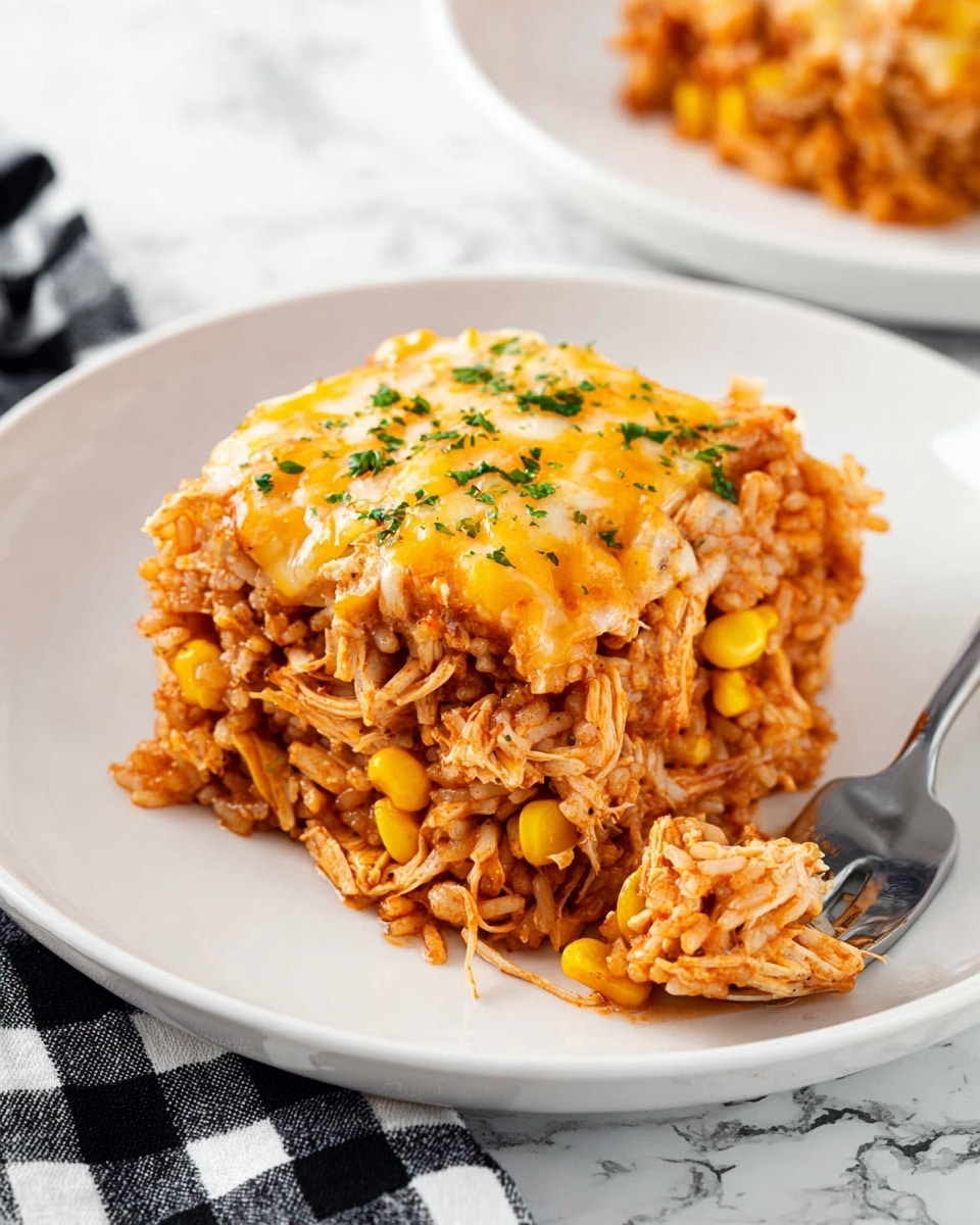 A close-up view of a layered rice and chicken casserole served on a white plate with a simple raised edge design. The dish has about three visible layers: the bottom and middle layers are mixed with shredded chicken and yellow corn kernels throughout a reddish-brown rice base with a sauce. The top layer shows melted cheese that is golden and slightly browned, sprinkled with small green herb pieces. Some of the casserole is scooped onto a silver fork resting on the plate. The plate is set on a white marbled surface with a black-and-white checkered cloth nearby. Photo taken with an iphone --ar 4:5 --v 7