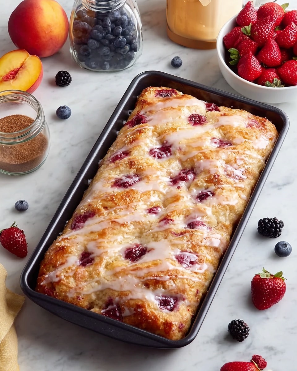 A rectangular baked pastry with a golden brown, flaky textured crust forms the bottom layer, topped with scattered bright red berry spots that appear soft and juicy. Over the top, a thin white icing glaze is spread unevenly, adding a glossy, slightly rough layer that cools over the warm pastry. The pastry rests in a black rectangular baking pan placed on a white marbled surface; around it are fresh blueberries, a peach, blackberries, two small jars of brown sugar and spices, and a white bowl filled with fresh red strawberries. photo taken with an iphone --ar 4:5 --v 7