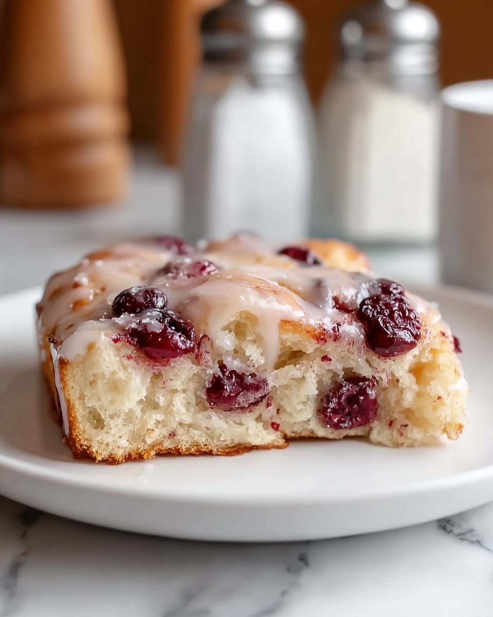 A close-up of a single pastry piece on a white plate, showing two layers: the base layer is a soft, light beige dough with a slightly crumbly texture, studded with dark red cherries that look juicy and glazed, and the top layer is a thin, shiny, white icing that is slightly melted and dripping down the sides, giving a glossy effect. The pastry has a golden brown crust around the edges, and the background is a white marbled texture with blurred salt and pepper shakers in the distance. photo taken with an iphone --ar 4:5 --v 7