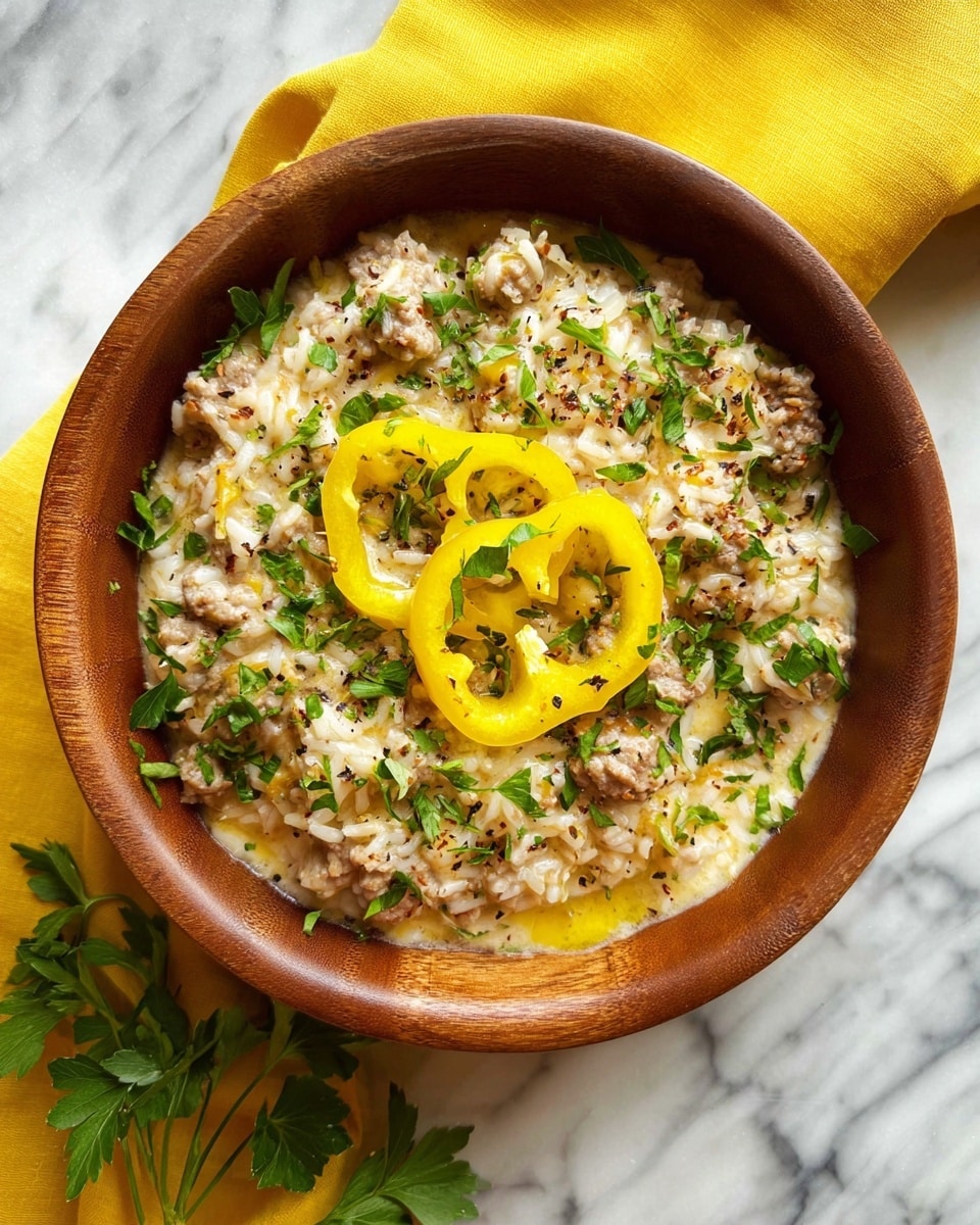 A wooden bowl holds a creamy rice dish with visible pieces of ground sausage mixed throughout, creating a textured base of white rice with beige and brown meat spots. On top, bright yellow pepper rings are placed in the center, surrounded by scattered chopped green herbs, adding a fresh green contrast. The creamy sauce looks smooth with a slight shine, blending the ingredients softly. The bowl rests on a bright yellow cloth against a white marbled surface, with a small green herb sprig beside it. photo taken with an iphone --ar 4:5 --v 7